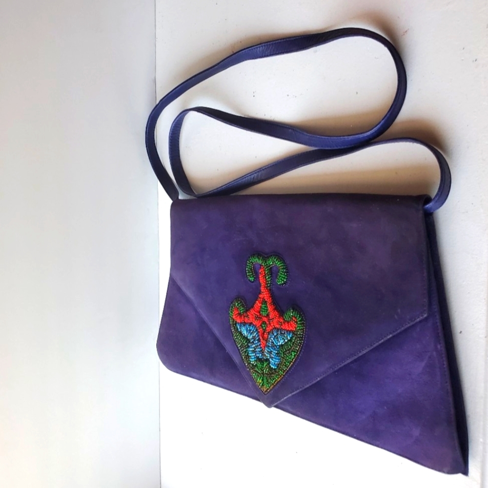 Vintage Charles Jourdan Paris  Purple Suede and Leather Shoulder Bag . - Picture 2 of 8